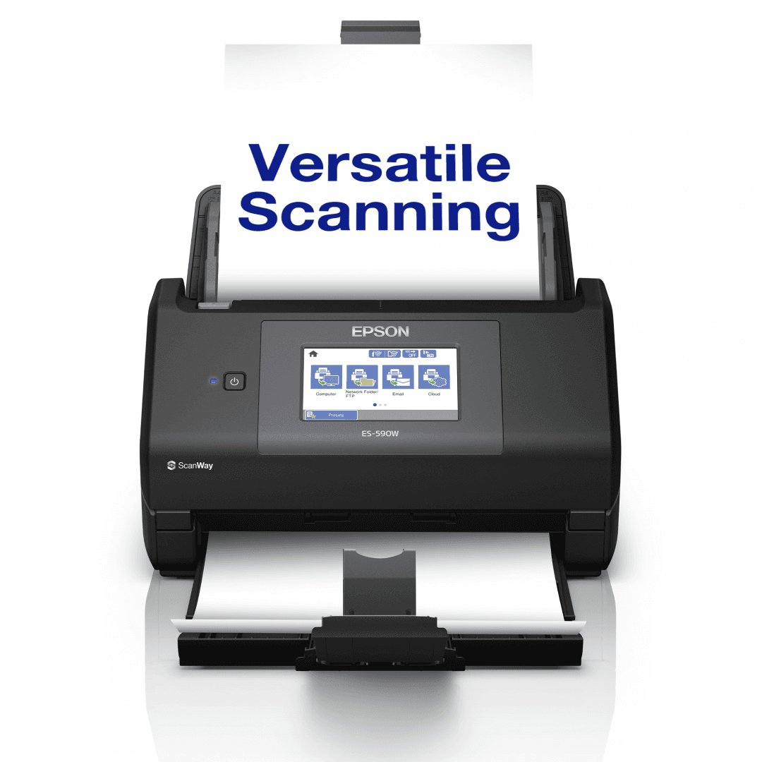 EPSON WORKFORCE ES-590W A4 SCANNER, Format A4, Scanner CIS, Sursa lumina LED, Rezolutie: 600 x 600 DPI, Senzor ultrasonic, Touchscreen 10.9cm, Viteza scanare: 45ppm, Capacitate : 100 coli, Volum zilnic:5000 pagini, Duplex single pass, Interfata: USB, WI-FI, LAN, Dimensiuni: 296‎ x 169 x 167 mm