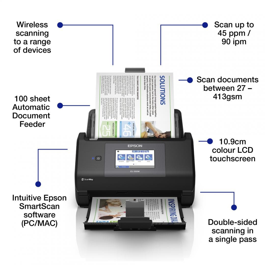 EPSON WORKFORCE ES-590W A4 SCANNER, Format A4, Scanner CIS, Sursa lumina LED, Rezolutie: 600 x 600 DPI, Senzor ultrasonic, Touchscreen 10.9cm, Viteza scanare: 45ppm, Capacitate : 100 coli, Volum zilnic:5000 pagini, Duplex single pass, Interfata: USB, WI-FI, LAN, Dimensiuni: 296‎ x 169 x 167 mm