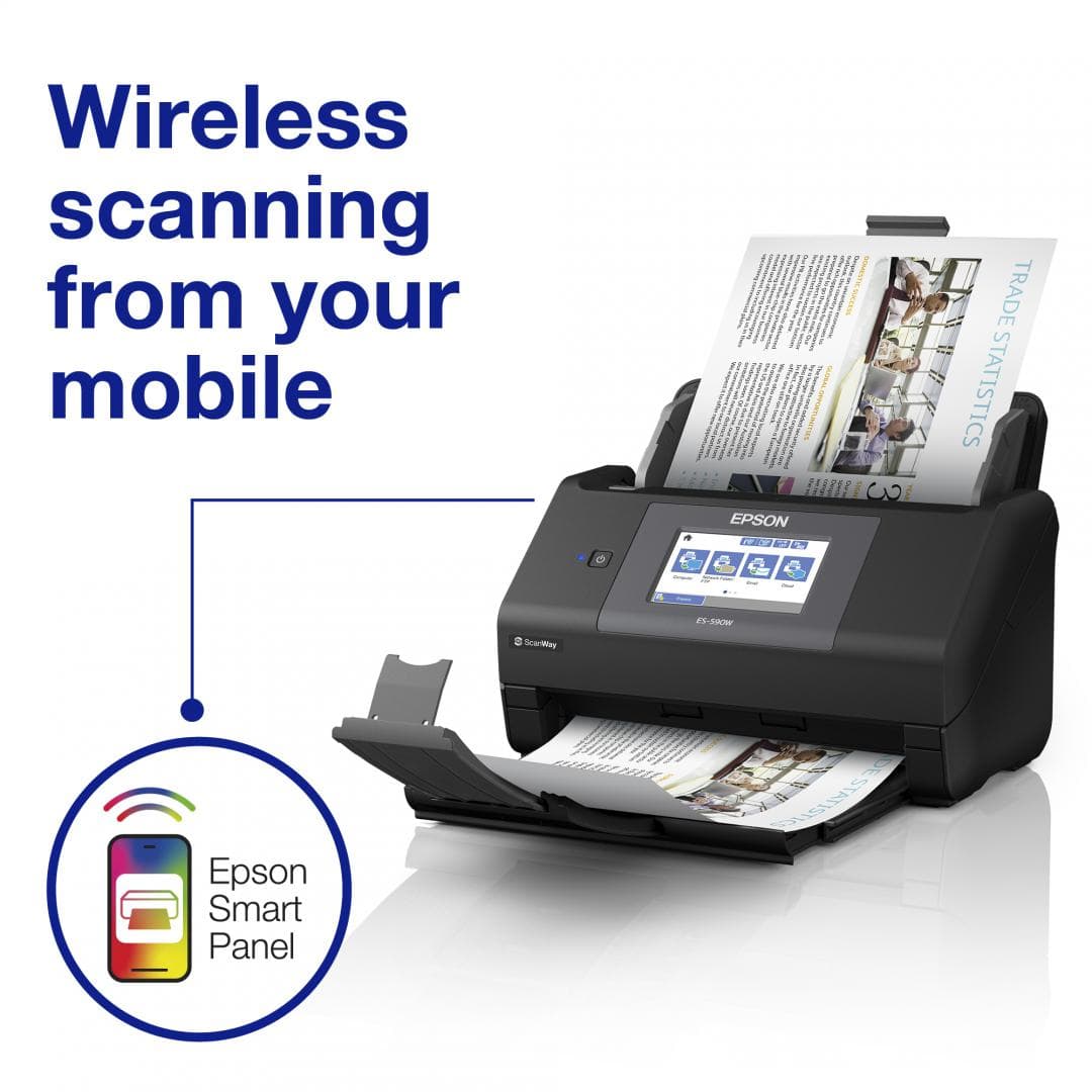 EPSON WORKFORCE ES-590W A4 SCANNER, Format A4, Scanner CIS, Sursa lumina LED, Rezolutie: 600 x 600 DPI, Senzor ultrasonic, Touchscreen 10.9cm, Viteza scanare: 45ppm, Capacitate : 100 coli, Volum zilnic:5000 pagini, Duplex single pass, Interfata: USB, WI-FI, LAN, Dimensiuni: 296‎ x 169 x 167 mm