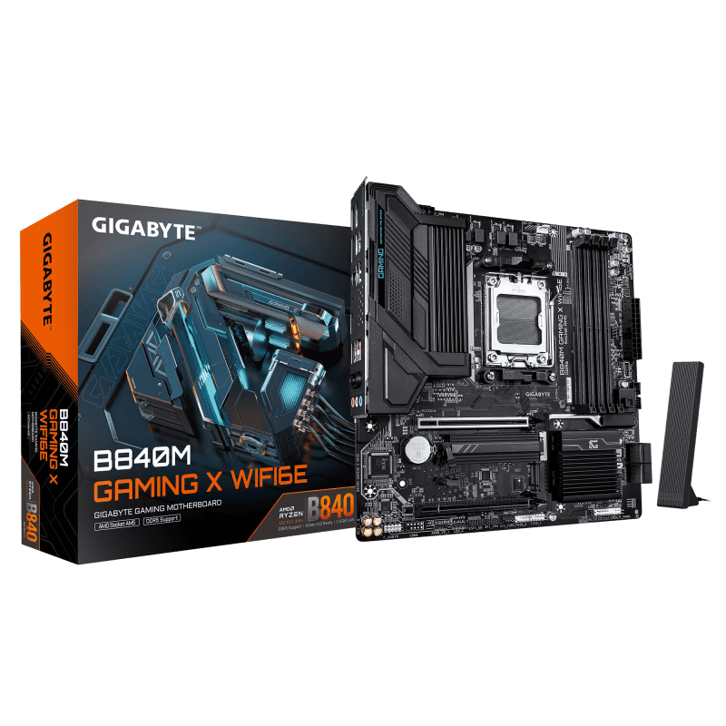 GIGABYTE B840M GAMING X WIFI6E. Processor manufacturer: AMD, Processor socket: Socket AM5, Compatible processor series: AMD Ryzen 7000 Series, AMD Ryzen 8000 Series, AMD Ryzen 9000 Series. Supported memory types: DDR5-SDRAM, Maximum internal memory: 256 GB, Memory slots type: DIMM. Supported storage
