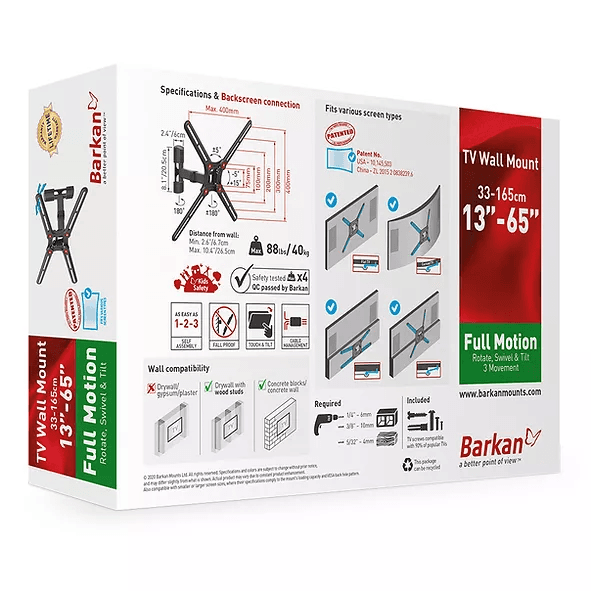 Suport TV de perete, Barkan BM331, Fix, 13"- 65", VESA 400 x 400 mm, suporta pana la 40kg, negru