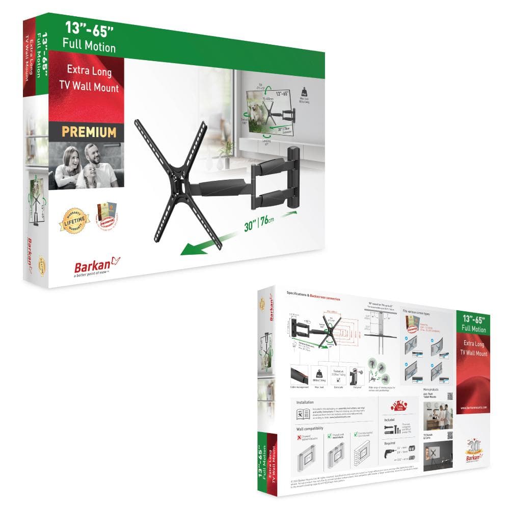 Suport TV de perete Barkan, cu brat 13"- 65", Max 36kg, VESA 400x400, negru