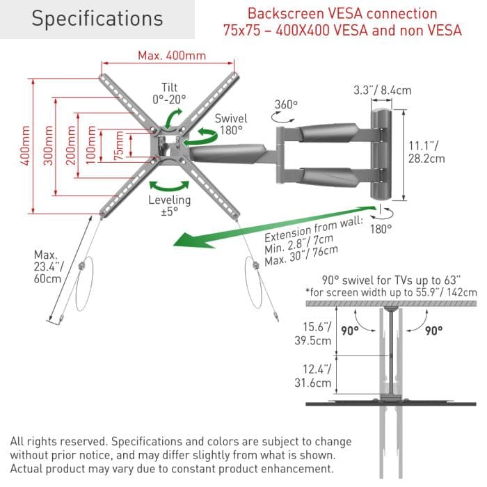 Suport TV perete pentru exterior Barkan 4move OD XLong, pentru display-uri cu diagonala 13"-65", suporta pana la 36kg, cu reglare in 4 axe, VESA 75x75 - 400x400, gri