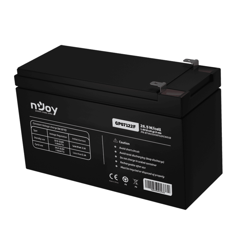 Acumulator nJoy GP07122F 12V 23.51W/cell  Battery Model GP07122F Voltage 12V Power (1,65V/cell@15 min) 23.51W/cell Type VRLA - maintanance free Designed Floating Life 3~5 years Nominal Operating Temp. Range 25o C ± 3o C Terminal F2 terminal -Faston Tab 250 Construction Container & Cover ABS Safety