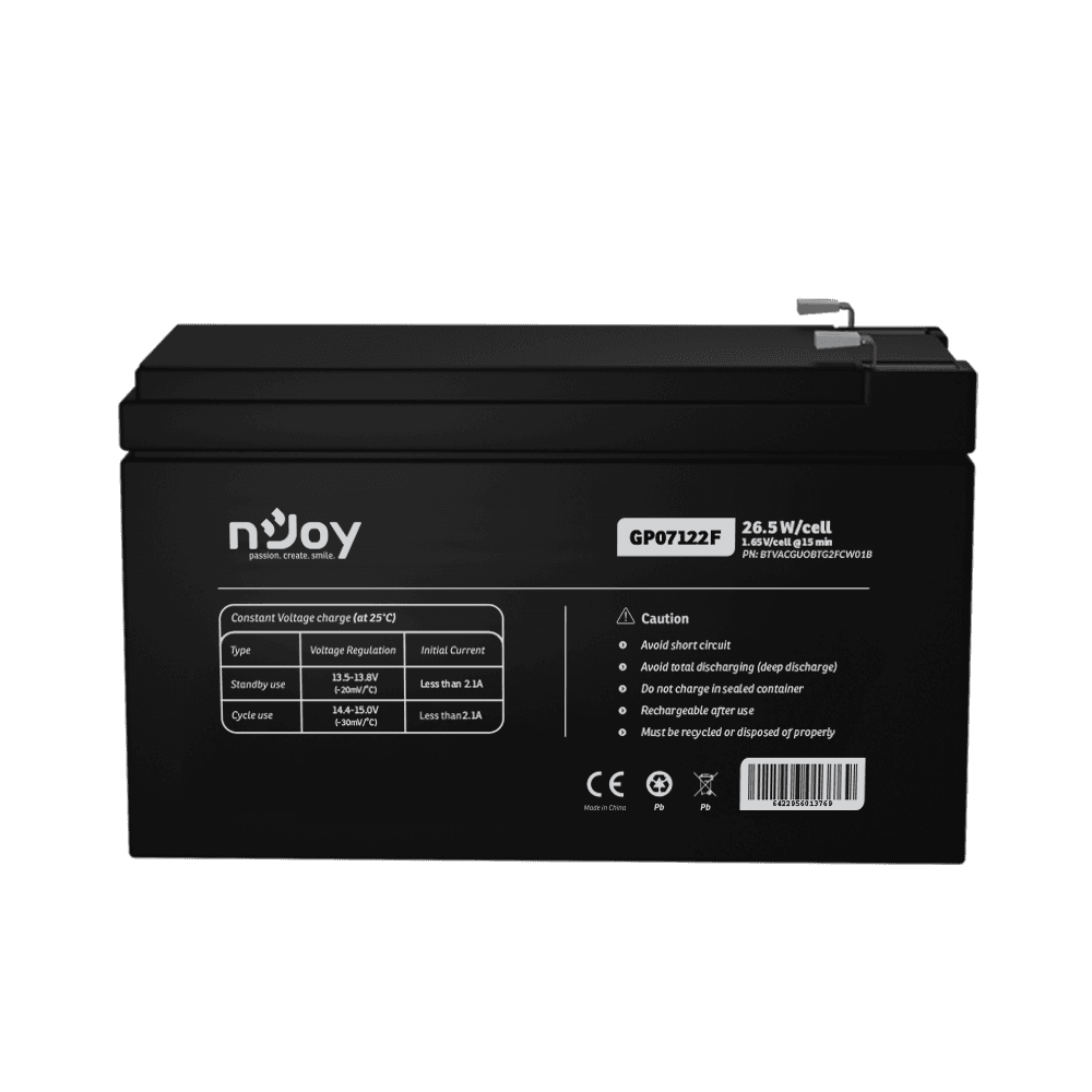 Acumulator nJoy GP07122F 12V 23.51W/cell  Battery Model GP07122F Voltage 12V Power (1,65V/cell@15 min) 23.51W/cell Type VRLA - maintanance free Designed Floating Life 3~5 years Nominal Operating Temp. Range 25o C ± 3o C Terminal F2 terminal -Faston Tab 250 Construction Container & Cover ABS Safety