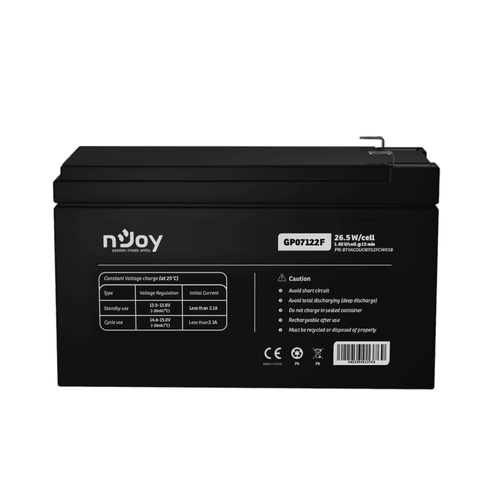 Acumulator nJoy GP07122F 12V 23.51W/cell  Battery Model GP07122F Voltage 12V Power (1,65V/cell@15 min) 23.51W/cell Type VRLA - maintanance free Designed Floating Life 3~5 years Nominal Operating Temp. Range 25o C ± 3o C Terminal F2 terminal -Faston Tab 250 Construction Container & Cover ABS Safety