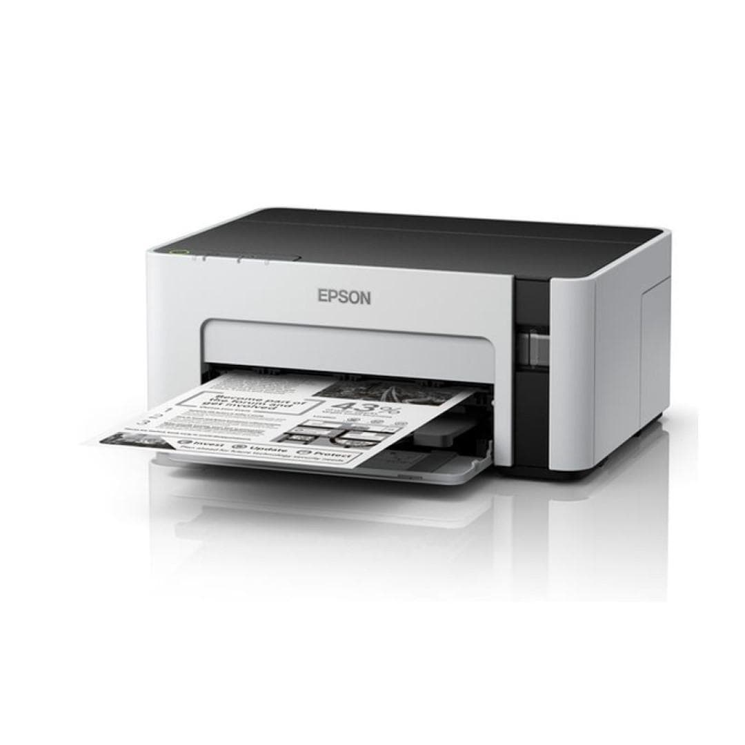 Imprimanta inkjet mono CISS Epson M1100, dimensiune A4, viteza max 32ppm, rezolutie printer 1440x720dpi, alimentare hartie 150 coli, volum maxim printare : 15000pagini/luna, interfata: USB 2.0, consumabile: Ecotank MX1xx negru XL (6k/pag.), MX1xx negru L (2k/pag.),cerneala 6k/pag inclusa, greutate