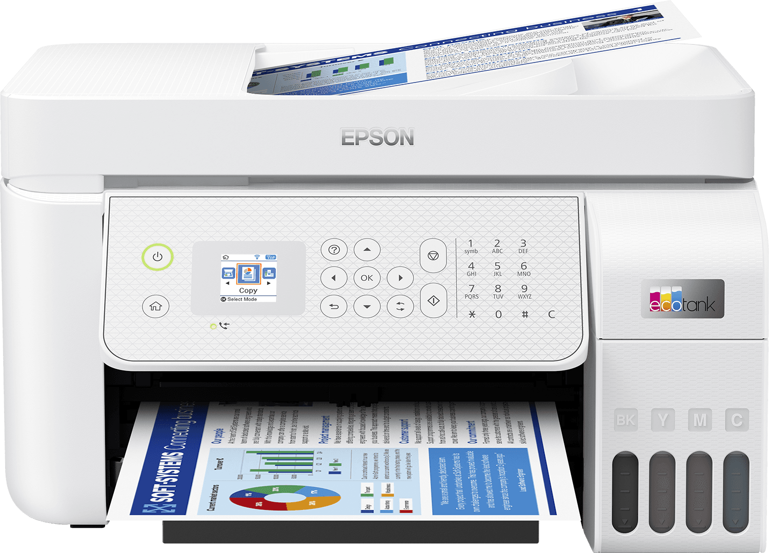 Multifunctional inkjet color Epson EcoTank CISS L5316, culoare: alb, dimensiune A4(Printare,Copiere, Scanare, Fax), printare borderless, viteza 33ppm alb-negru, 15ppm color, rezolutie 5760 x 1440 dpi, alimentare hartie 100 coli, ADF 30 coli, scanner CIS, rezolutie 1200 x 2400 dpi, interfata: USB