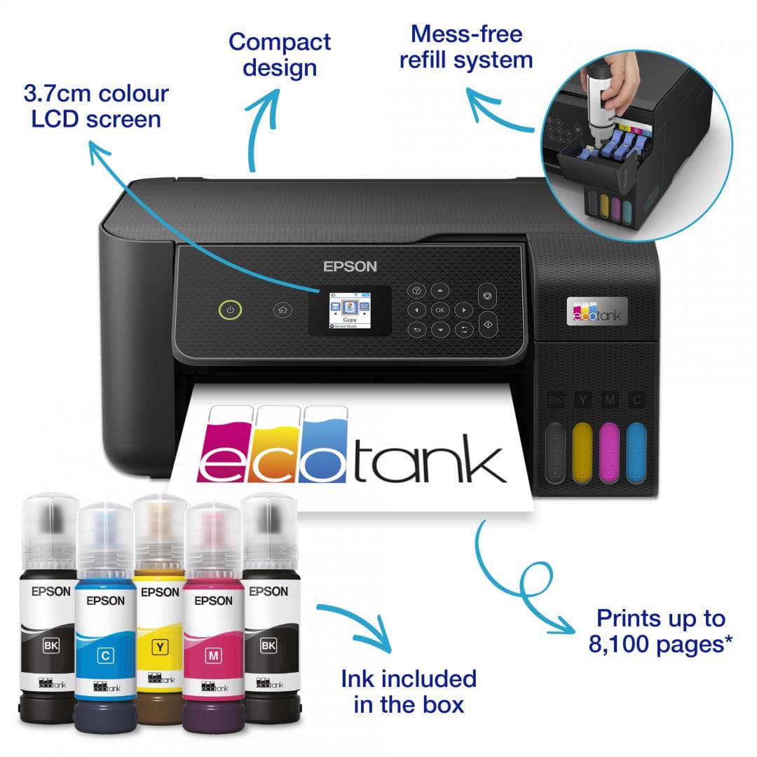 Multifunctional inkjet color Epson EcoTank CISS L3280, dimensiune A4 (Printare,Copiere, Scanare), printare borderless, viteza 33ppm alb- negru, 15ppm color, rezolutie 5760x1440 dpi, alimentare hartie 100 coli, scanner CIS rezolutie 1.200  x 2.400 DPI, interfata: USB ,WI-FI, Wi-Fi Direct, display 3,7