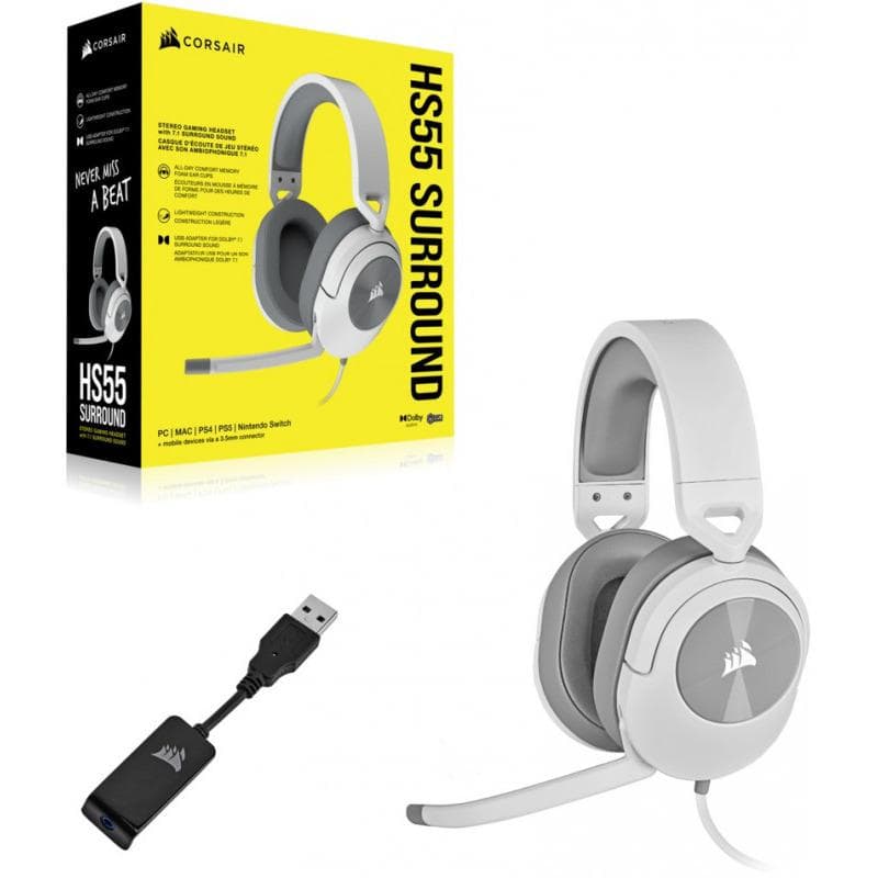 Casti cu microfon Corsair HS55 Surround 7.1, Multi-platform Gaming and Mobile, 20Hz-20KHz, 32ohm, 114db, driver 50mm, alb