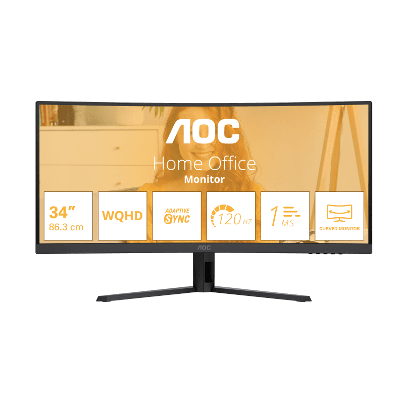 Monitor AOC 34" CU34B3E, Curvature: 1500R, Diagonal (inch): 34, Diagonal (cm): 86, Aspect ratio: 21:9, Panel: VA, Resolution: 3440x1440, Refresh Rate: 120Hz, Response time GtG: 4ms, Response time MPRT: 1ms, Brightness (max): 300 cd/m², Contrast (static) : 3500:1, Contrast (dynamic): 50M:1, Viewing