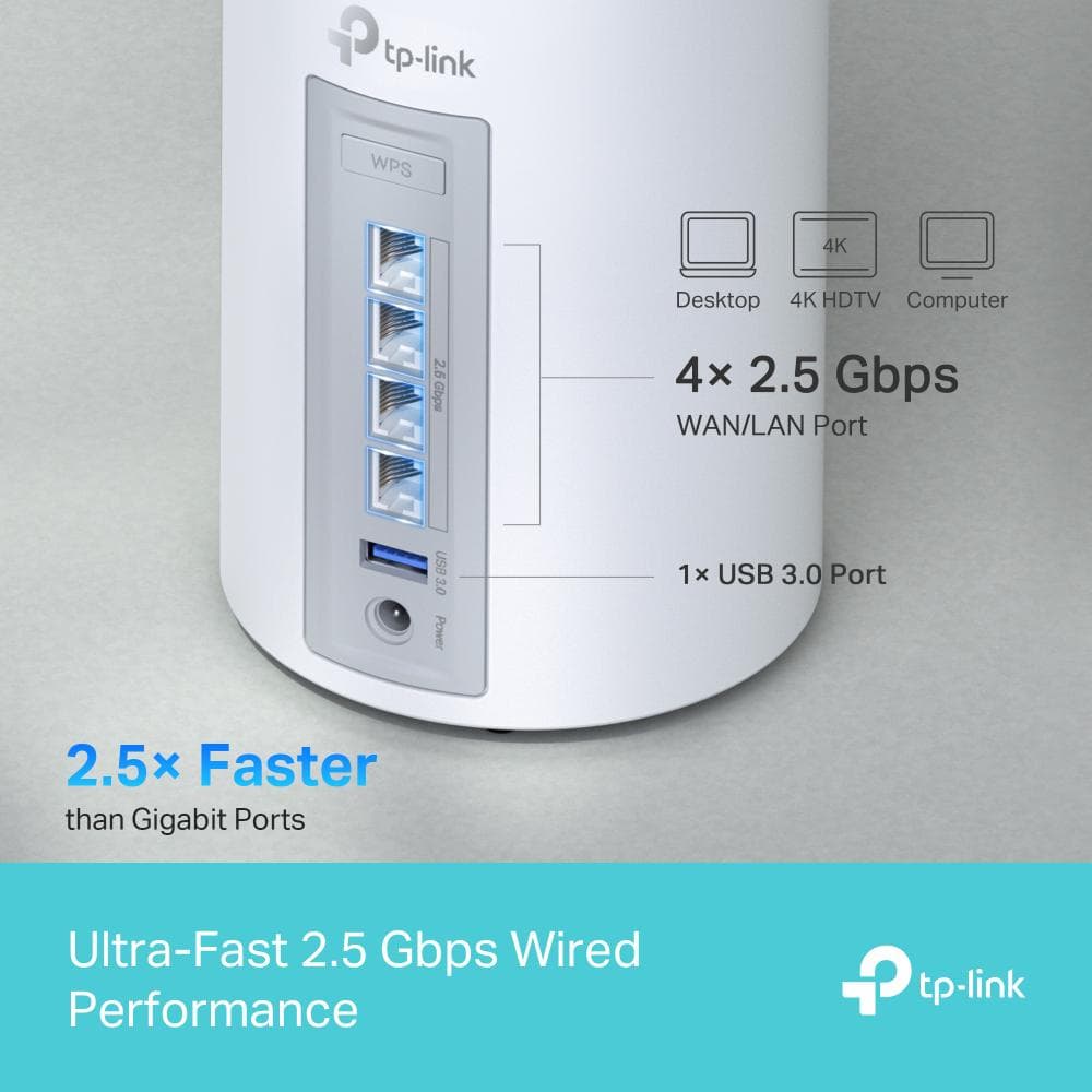 TP-LINK DECO BE65(3-PACK) Sistem Mesh WI-FI 7, BE9300, TRI-BAND, Standarde wireless: IEEE 802.11be/ax 6 GHz, IEEE 802.11be/ax/ac/n/a 5 GHz, IEEE 802.11ax/n/b/g 2.4 GHz, Viteze wireless: BE9300 6 GHz: 5760 Mbps (802.11be), 5 GHz: 2880 Mbps (802.11be), 2.4 GHz: 574 Mbps (802.11ax), 8 x antene interne