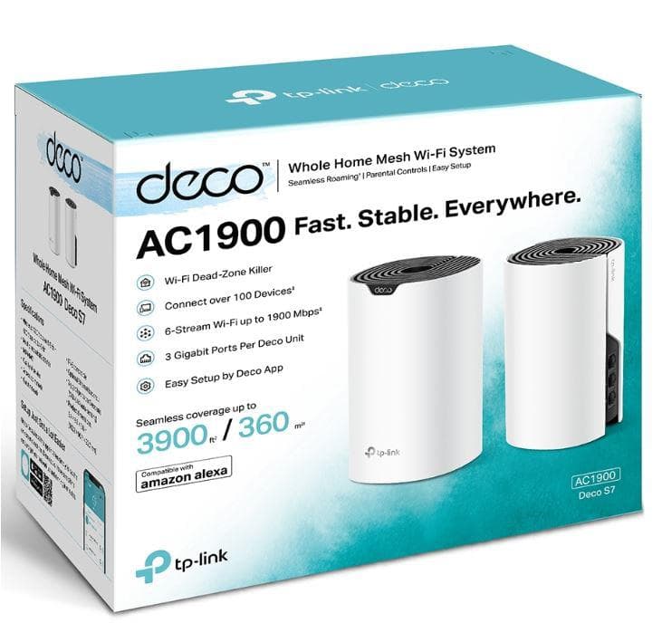 TP-Link Sistem Mesh Wi-Fi pentru întreaga casă AC1900, DECO S7(2- PACK);WI-FI 5, Standarde wireless: IEEE 802.11ac/n/a 5 GHz, IEEE 802.11n/b/g 2.4 GHz, viteza wireless: 5 GHz: 1300 Mbps, 2.4 GHz: 600 Mbps, 3 x antene interne, MU-MIMO, Mod Router, Mod Access Point, interfata: 3 x 10/100/1000.