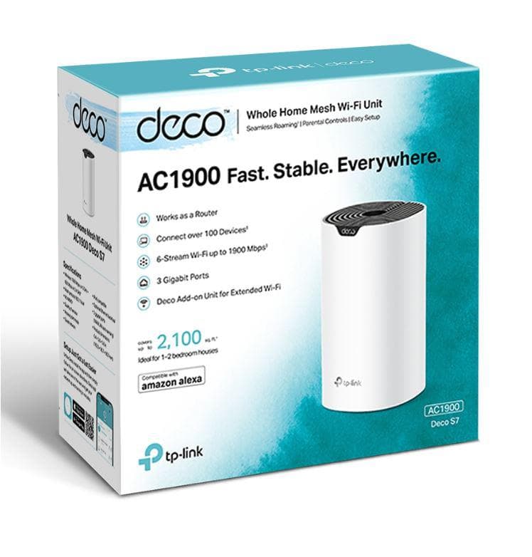 TP-Link Sistem Mesh Wi-Fi pentru întreaga casă AC1900, DECO S7(3- PACK);WI-FI 5, Standarde wireless: IEEE 802.11ac/n/a 5 GHz, IEEE 802.11n/b/g 2.4 GHz, viteza wireless: 5 GHz: 1300 Mbps, 2.4 GHz: 600 Mbps, 3 x antene interne, MU-MIMO, Mod Router, Mod Access Point, interfata: 3 x 10/100/1000.
