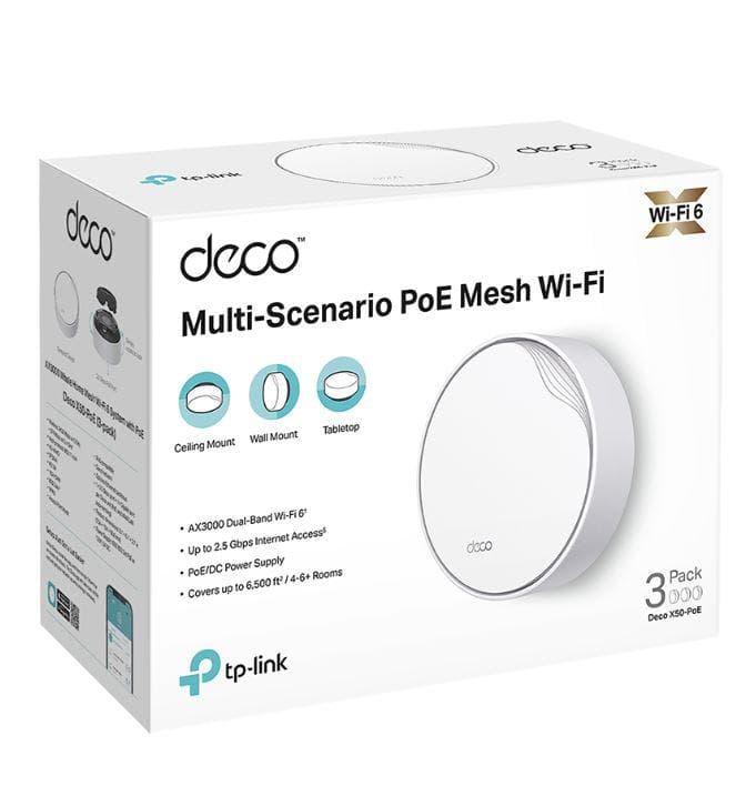TP-Link AX3000 whole home mesh Wi-Fi 6 System, Deco X50-POE(3-pack); Dual- Band, Standarde Wireless: IEEE 802.11ax/ac/n/a 5 GHz, IEEE 802.11ax/n/b/g 2.4 GHz ,viteza wireless: 5 GHz: 2402 Mbps, 2.4 GHz: 574 Mbps, 2 x antene interne, 2×2 MU-MIMO, Mod Router, Mod Access Point, interfata: 3 x