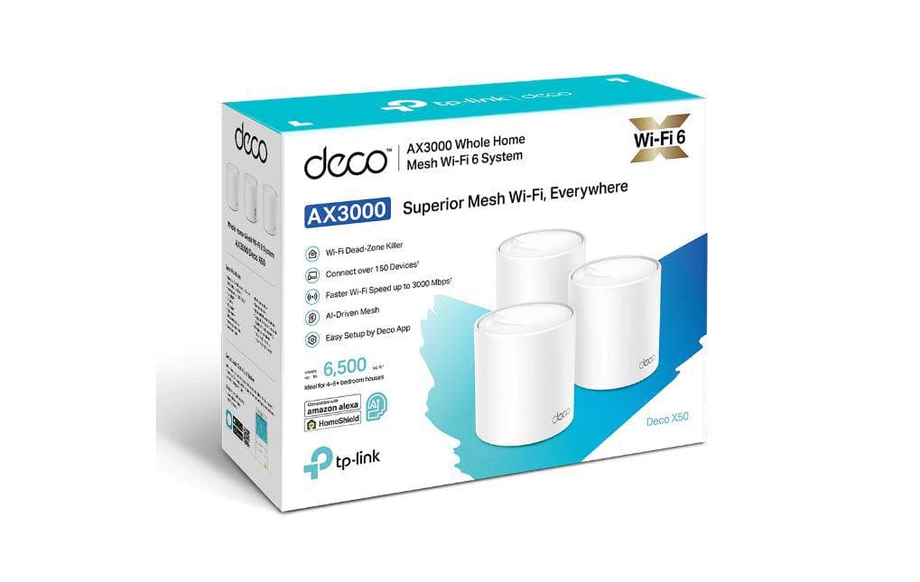 TP-Link AX3000 whole home mesh Wi-Fi 6 System, Deco X50(3-pack); Dual- Band, Standarde Wireless: IEEE 802.11ax/ac/n/a 5 GHz, IEEE 802.11ax/n/b/g 2.4 GHz, viteza wireless: 5 GHz: 2402 Mbps, 2.4 GHz: 574 Mbps, 2 x antene interne, 2×2 MU-MIMO, Mod Router, Mod Access Point, interfata 3 x 10/100/1000.