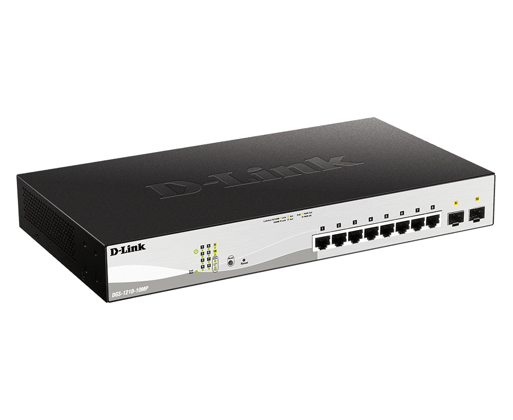 D-Link Switch 10 porturi POE smart maaged DGS-1210-10MP, Interfata: 8 x 10/100/1000Mbps, 2 x100/1000 SFP, Capacitate switch: 20 Gbps, Memorie: 128Mb DDR3, Flash 32Mb, Auto MDI/MDIX, Buget POE: 130W, Dimensiuni: 330 x 180 x 44 mm, Greutate: 1.77kg.
