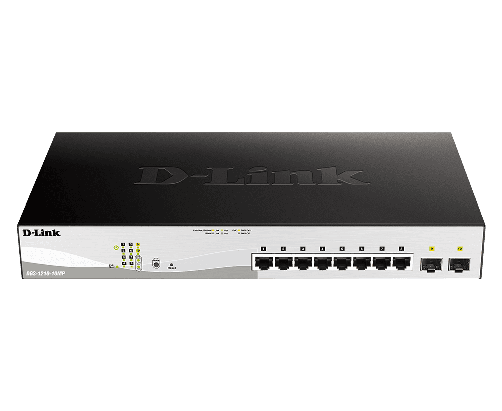 D-Link Switch 10 porturi POE smart maaged DGS-1210-10MP, Interfata: 8 x 10/100/1000Mbps, 2 x100/1000 SFP, Capacitate switch: 20 Gbps, Memorie: 128Mb DDR3, Flash 32Mb, Auto MDI/MDIX, Buget POE: 130W, Dimensiuni: 330 x 180 x 44 mm, Greutate: 1.77kg.