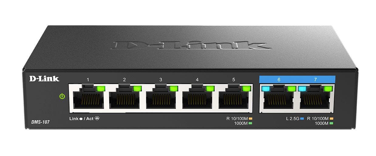 D-Link switch DMS-107, 7 porturi, Standarde si protocoale: IEEE 802.3 10BASE-T,  IEEE 802.3u 100BASE-TX,  IEEE 802.3ab 1000BASE-T,  IEEE 802.3bz 2.5GBASE-T5 porturi Gigabit, 2 porturi 2.5Gbps,  Capacitate 20 Gbps, fara ventilator, carcasa metal, dimensiuni: 145 x 82 x 28 mm, Greutate: 295.2 g, Auto