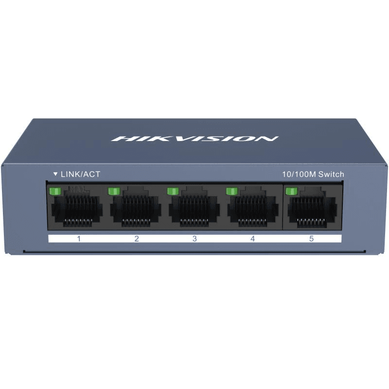 Switch Hikvision DS-3E0105-O: 5 × 10/100 Mbps RJ45 Port, tensiune alimentare 5 VDC, 1A., dimensiuni: 103.05 mm × 25.6 mm × 61.1 mm, greutate: 0.15kg, montare pe birou sau pe perete.