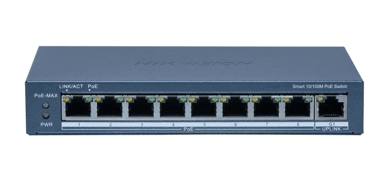 Switch 8 porturi POE Hikvision DS-3E1309P-EI(B), Smart Managed, 8 × 10/100M PoE ports,1 × Gigabit RJ45 port, PoE power budget 110W, maxim 30W per port, distanta transmisie 300 metri in modul extended, Switching capacity 3.6 Gbps, Packet forwarding 2.68 Mpps, material metal, dimensiuni: 170 mm × 27.6