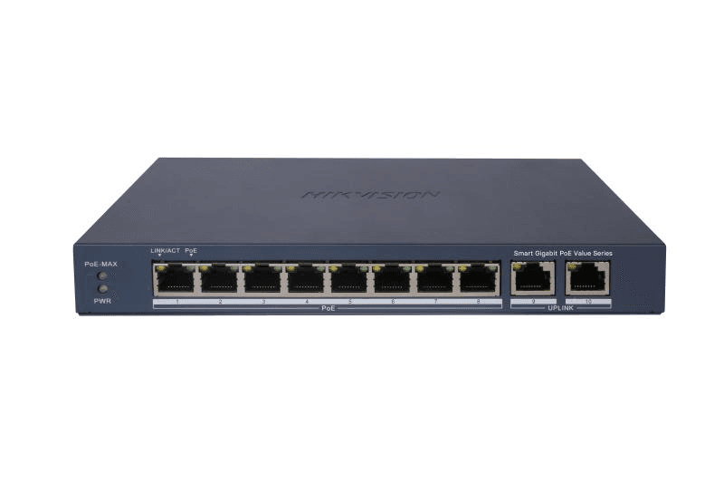 Switch 8 porturi Gigabit, Hikvision DS-3E1510P-EI/M, 8 × gigabit PoE ports, and 2 × Gigabit RJ45, IEEE 802.3af,IEEE 802.3at,  MAC address table: 4 K, PoE power budget 60W (Max. port power 30W), material metal, dimensiuni: 217.6 mm × 27.6 mm × 108.5 mm, greutate: 1.08 kg