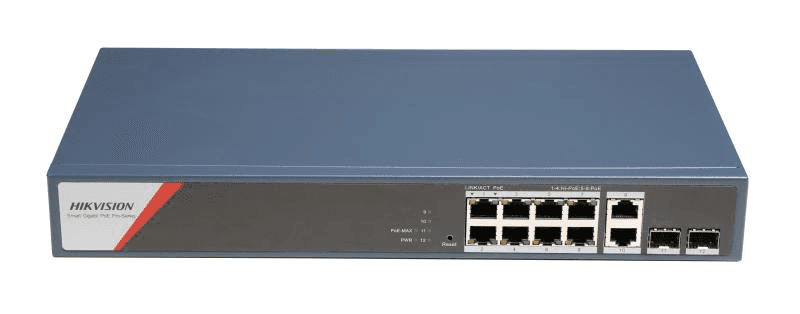 Switch PoE Hikvision DS-3E1512HP-SI-8P2T2F: 8 x 10/100/1000 Mbps PoE Ports, 2 × 10/100/1000 Mbps RJ45, 2 x 10/100/1000 Mbps SFP, 8 porturi PoE maxim 90W, buget PoE 130W, tensiune alimentare: 100-240V~ 50/60Hz 2.5A, dimensiuni: 335 mm × 44.5 mm × 175.8 mm, greutate: 2.7kg, montare pe birou sau in