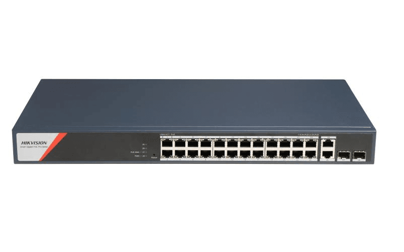 Switch PoE Hikvision DS-3E1528HP-SI-24P2T2F: 24 x 10/100/1000 Mbps PoE Ports, 2 × 10/100/1000 Mbps RJ45, 2 x 10/100/1000 Mbps SFP, 24 porturi PoE maxim 90W, buget PoE 370W, tensiune alimentare: 100-240V~ 50/60Hz 6.3 A, dimensiuni: 440 mm × 44 mm × 220.8 mm, greutate: 2.975kg, montare pe birou sau in