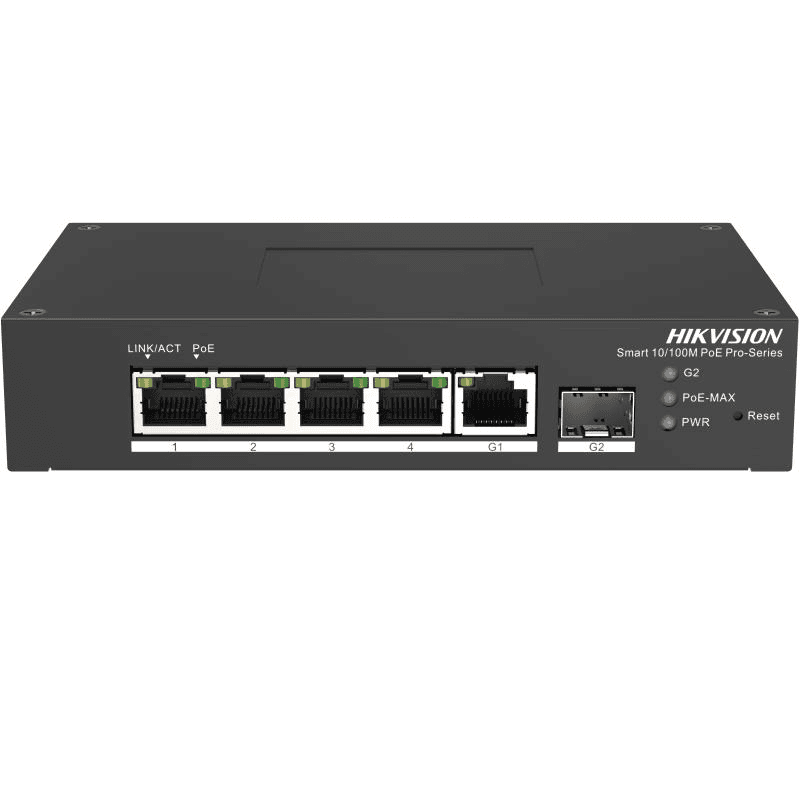 Switch PoE Hikvision DS-3T1306P-SI/HS: 4 × 10/100 Mbps PoE port,1 × Gigabit RJ45 port,1 × Gigabit fiber optical port, PoE: Ports 1 to 4 maxim 30W, buget PoE 60W, tensiune alimentare: 48VDC, 1.36A, dimensiuni: 158.00 mm × 101.20 mm × 31.60 mm, greutate: 1kg, montare pe birou sau sina.