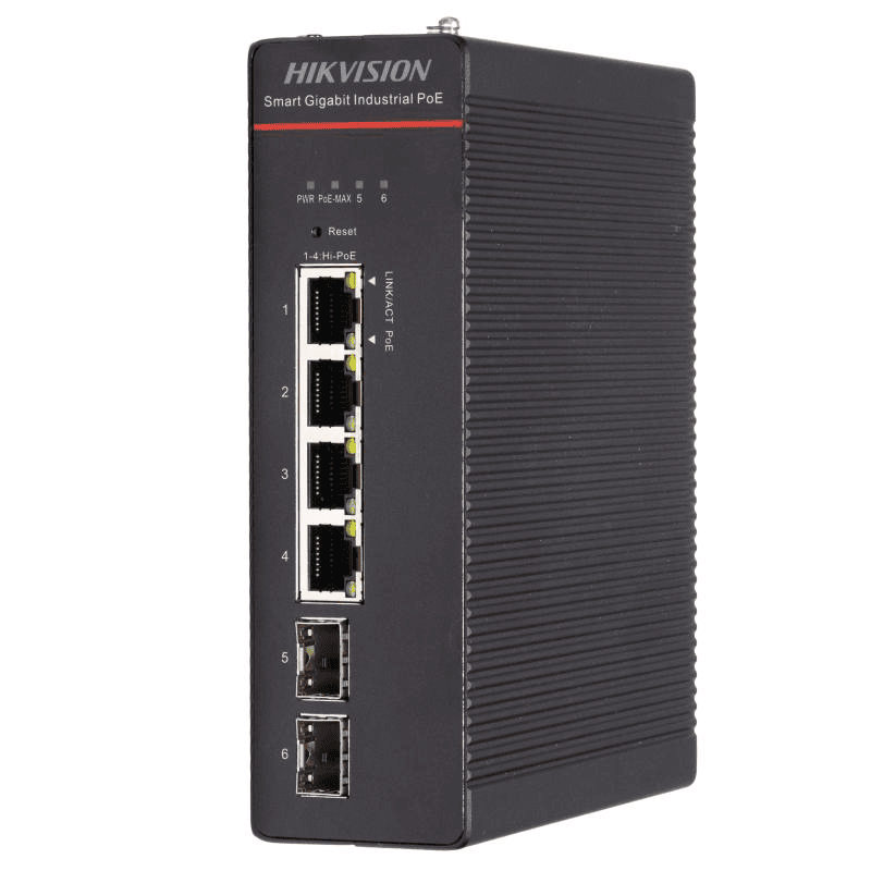 Switch PoE Hikvision DS-3T1506HP-SI-4P2F: 4 x Gigabit Hi-PoE RJ45 Ports, 2 × Gigabit SFP Fiber Optical Ports, 4 porturi Hi-PoE maxim 90W, buget PoE 300W, tensiune alimentare: 48 V DC, 57 A / 52 V~57 V recommended input voltage to ensure stable power supply, IP40, dimensiuni: 155.00 mm × 46.00 mm ×