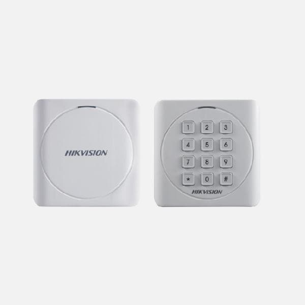 Cititor card Hikvision DS-K1801E, citeste carduri RFID EM 125Khz, distanta citire: 50mm, comunicare: Wiegand 26/34 protocol, indicator LED de stare si alimentare; alimentare: 12VDC, IP65, dimensiuni: 87 × 87 × 13.3mm