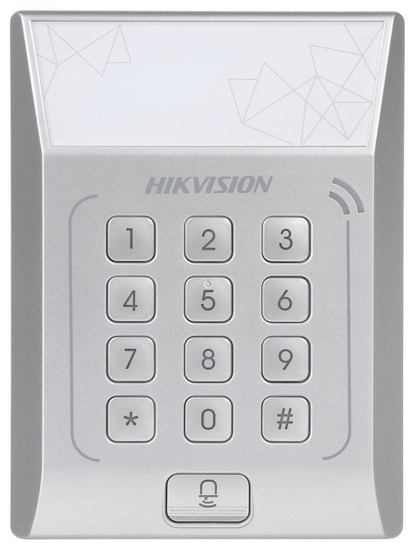 Cititor standalone cu tastatura si card de proximitate Hikvision, DS- K1T801M; suporta cartele MIFARE, Capacitate 3000 cartele, Autentificare: card sau card si parola; Intrari: buton de iesire x1, contact de usa x1; Iesiri: sonerie x1, incuietoare electrica x1; Alimentare: DC 12V/1A; Dimensiuni
