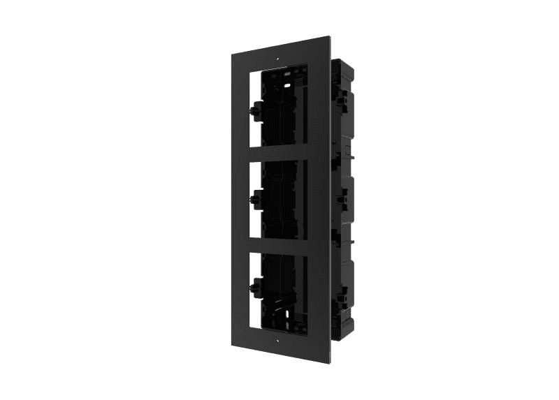 Panou frontal pentru 3 module videointerfon modular Hikvision DS-KD- ACF3; permite conectarea a 3 module de videointerfon modular; montareincastrata; material aluminiu, doza de plastic inclusa; dimensiuni:337.8mm x 124mm × 4mm; culoare: negru.