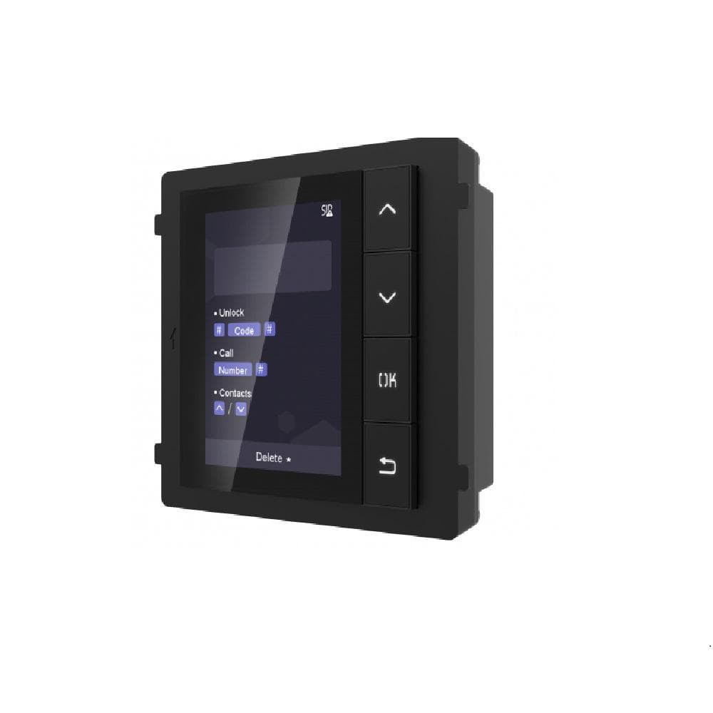Modul de afisare pentru videointerfon modular Hikvision DS-KD-DIS; ecran LCD 3.5 inch, rezolutie 320x480P; 4 butoane de operare; memorie pentru 500 de contacte; apelare din lista de contacte; deschidere usa cu Pin cu ajutorul modului de tastatura( nu este inclus); montare aplicata sau ingropata