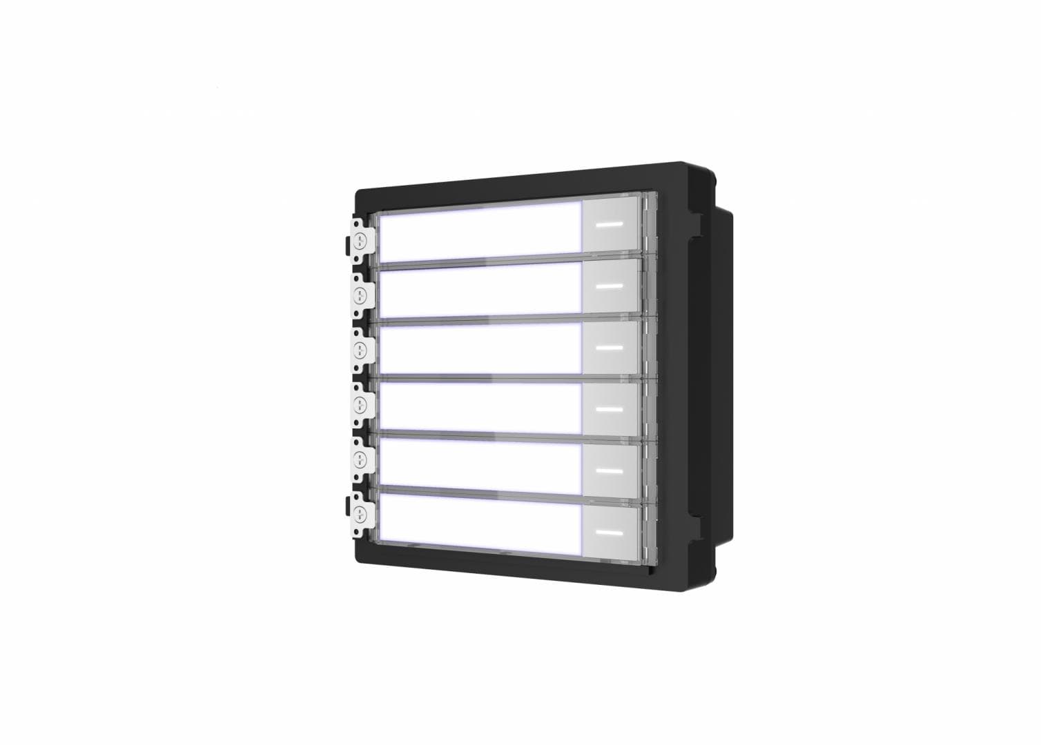 Modul de extensie videinterfon cu sase butoane de apelare Hikvision DS-KD-KK; montaj aplicat sau ingropat (acesoriile de montaj nu s untincluse), customizare afisare nume; iluminare pe timp de noapte;Conectare RS-485, 1 x Input; 1 x Output; Protectie: IP 65; Dimensiuni;Dimensiuni: 98.21 mm × 100.21