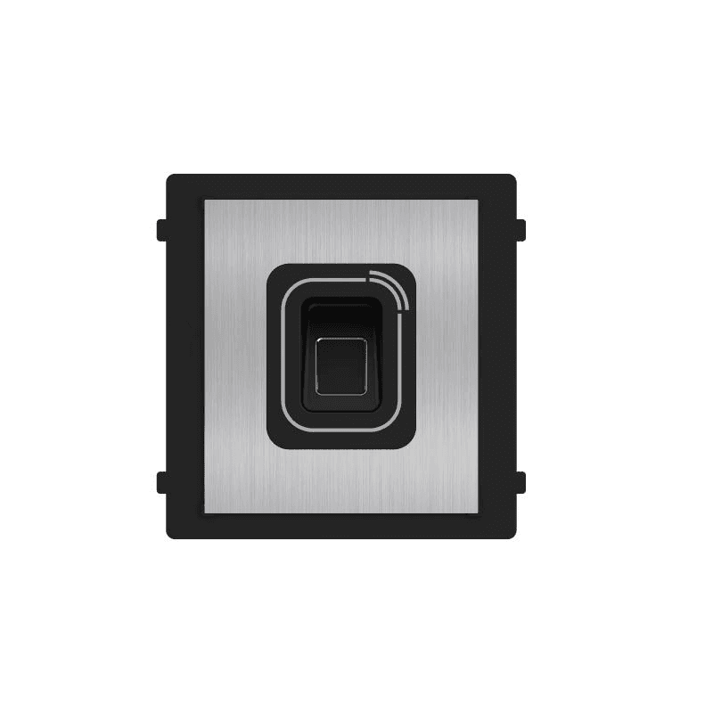 Modul cititor biometric si card Mifare pentru videointerfon modular Hikvision DS-KD-MFB/S; carcasa inox, deschidere usi cu card acces Mifare 13.56 MHz (cardurile nu sunt incluse) si cu amprenta; protectie IP 65; Dimensiuni: 100 mm × 100 mm × 35 mm; Temperatura de functionare: -30°C to +60°C;