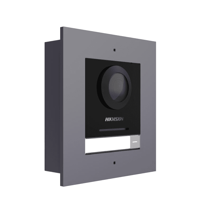 Post exterior modular videointerfon IP Hikvision DS-KD8003-IME1(B)/FL, montaj ingropat, 1 buton, 2000 de utilizatori, autentificare prin card, IP65, alimentare: 12 VDC, 500 mA, IEEE 802.3af, PoE, dimensiuni: 99.76 mm × 98 mm × 42.04 mm, greutate: 0.375kg, temperatura de functionare: -40 °C to 60 °C.