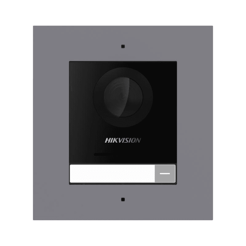 Post exterior modular videointerfon IP Hikvision DS-KD8003-IME1(B)/FL, montaj ingropat, 1 buton, 2000 de utilizatori, autentificare prin card, IP65, alimentare: 12 VDC, 500 mA, IEEE 802.3af, PoE, dimensiuni: 99.76 mm × 98 mm × 42.04 mm, greutate: 0.375kg, temperatura de functionare: -40 °C to 60 °C.