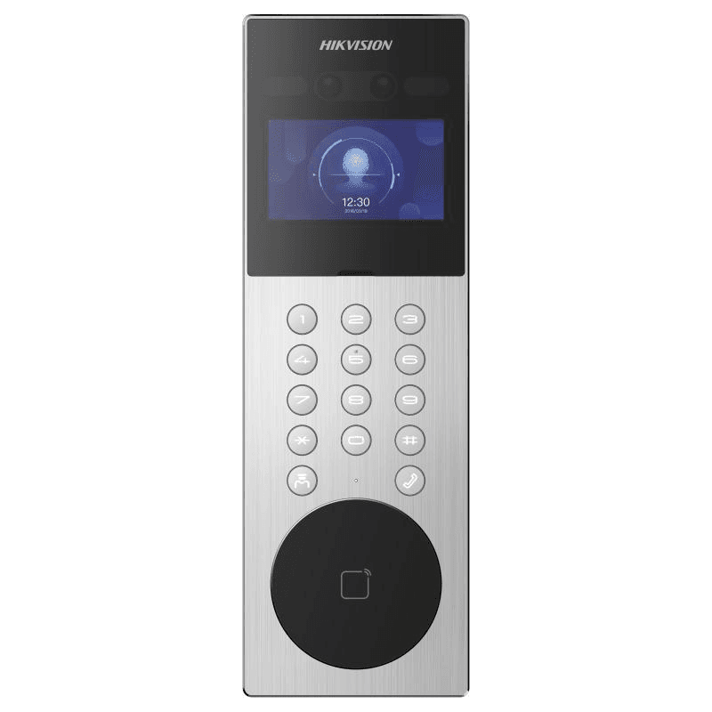 Post exterior videointerfon IP Hikvision DS-KD9203-ME6, recunoastere faciala, pin, card, 10000 de utilizatori, ecran LCD 800 × 480px, IP65, instalare aparenta, alimentare: 12 VDC, 1.5 A, dimensiuni: 373 mm × 124 mm × 43.7 mm, greutate: 0.405kg, temperatura de functionare: -30 °C to 60 °C.