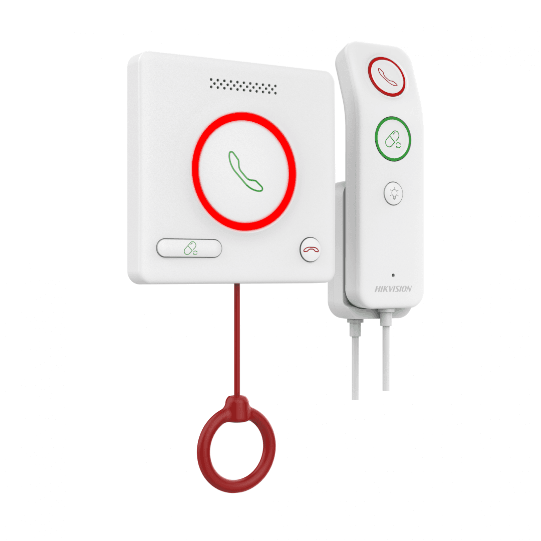 BUTON DE APELARE MEDICALA cu telecomanda Hikvision DS-KHH6020X-H;  1x RJ45 port, alimentare: DC12V/private POE, protectie: IPX5 Intercomunicare bidirecțională și alarme inteligente: – Comunicarea vocală clară între pacienți și personalul medical (statia de management a personalului medical) este