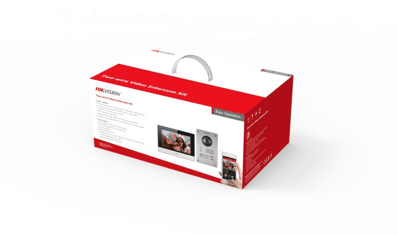 Kit videointercom IP Hikvision DS-KIS703Y-P, caracteristici post exterior: 2MP HD camera, IR: 3m, Main stream: 1280x720P, 1920x1080p, WDR, microfon inclus, difuzor inclus, 1 buton, alimentare: 12 V, 500 mA, temperatura de functionare: -40 °C to 60 °C; caracteristici post interior: ecran capacitiv