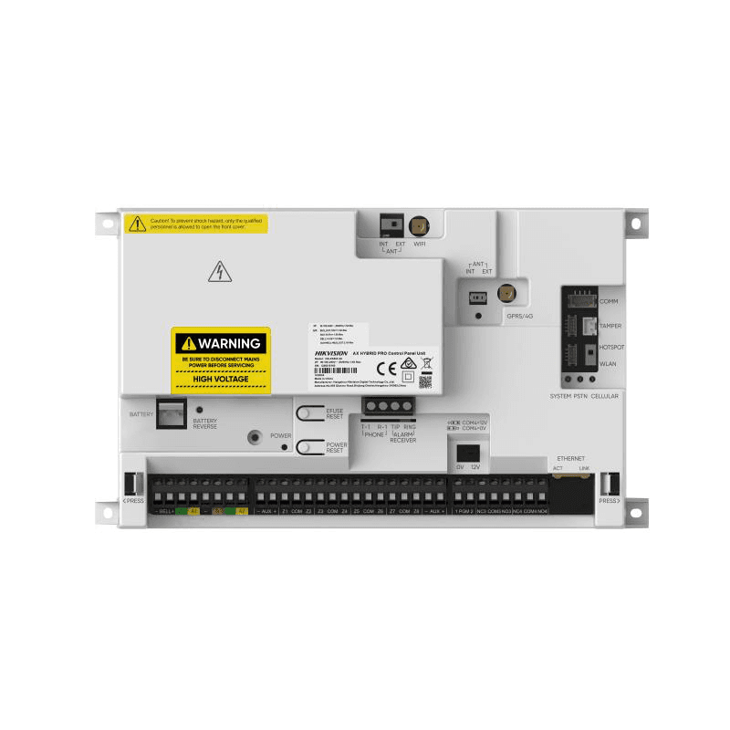 Centrala alarma hibrida AX PRO Hikvision DS-PA502-96, EN50131 GRADE 2, 96 zone pe placa, maxim 96 zone, 48 partitii, dual BUS, 48 echipamente pe BUS, suporta maxim: 24 tastaturi, 12x Expandor 8 zone, 24x Expandor 8 relee, 12 receptoare wireless, 15 surse alimentare, video verificare: 32 canale