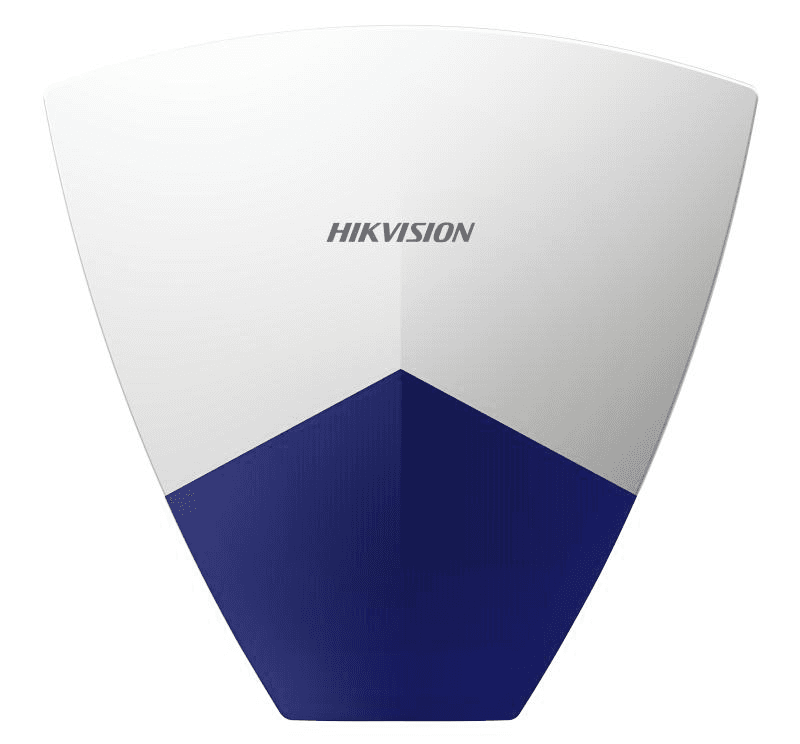 Sirene de exterior Hikvision DS-PS102X/BL, putere acustica@1 meter: 110 dBA,  PGM/BELL port, 3 tipuri de alarma: alarma de incendiu, alarma de panica, alarma de efractie, culoare alba, led albastru, IP55, alimentare: 9 to 16VDC, dimensiuni: 221x215x51mm, greutate: 475 g, temperatura de functionare