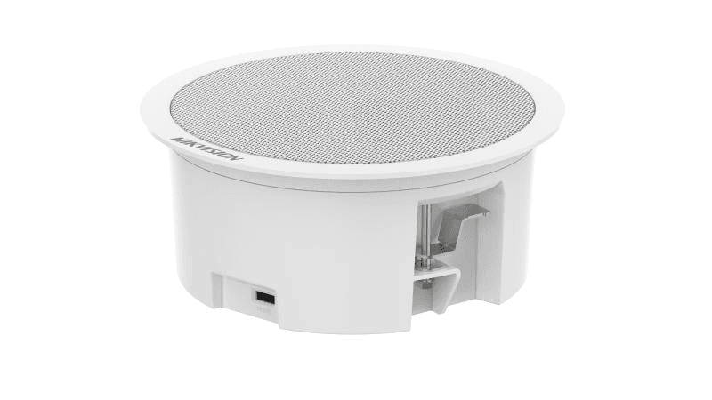 Difuzor de tavan Hikvision DS-QAZ0203G1-S, putere difuzor: 3W, senzitivitate: 93 dB, frecventa: 300 Hz to 15 kHz, SNR: 82 dB, dimensiuni: Ø179 mm × 77.5 mm , greutate: 0.3kg.