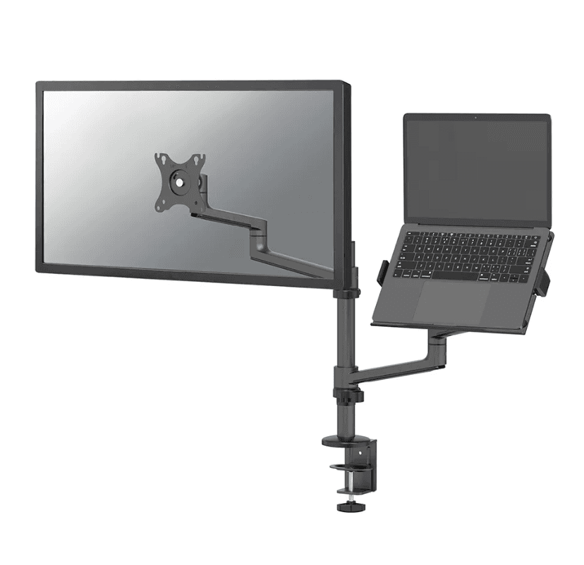 Suport dublu laptop de birou Neomounts DS20-425BL2; pentru display-uri cu diagonale 17"-27", sistem de prindere VESA 75x75~100x100, greutate maxima suportata 8kg, tilt +90°, -30°, swivel 90°, rotate 360°, distanta fata de perete 162-494mm; inaltime reglabila manual 275-555mm; culoare negru. Garantie
