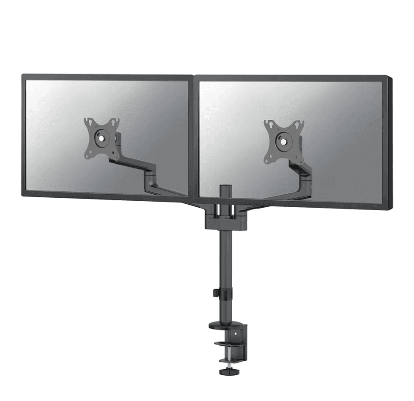 Brat dublu monitor Neomounts DS60-425BL2; pentru display-uri cu diagonale 17"-27", sistem de prindere VESA 75x75~100x100, greutate maxima suportata 8 - per ecrankg, tilt +90°, -30°, swivel +90°, -90°, rotate +360°, distanta fata de perete 128-460mm; inaltime reglabila manual 295-607mm; culoare