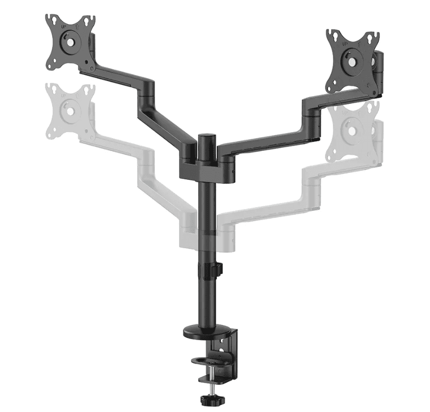 Brat dublu monitor Neomounts DS60-425BL2; pentru display-uri cu diagonale 17"-27", sistem de prindere VESA 75x75~100x100, greutate maxima suportata 8 - per ecrankg, tilt +90°, -30°, swivel +90°, -90°, rotate +360°, distanta fata de perete 128-460mm; inaltime reglabila manual 295-607mm; culoare