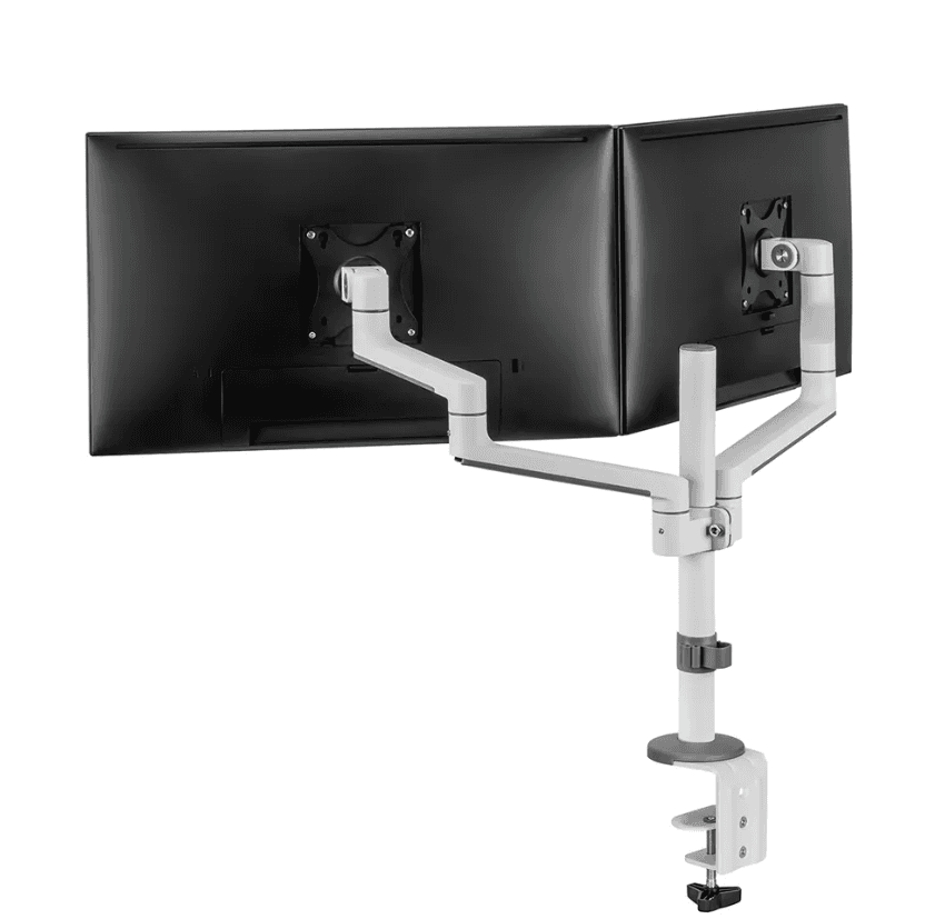 Brat dublu monitor Neomounts DS60-425WH2; pentru display-uri cu diagonale 17"-27", sistem de prindere VESA 75x75~100x100, greutate maxima suportata 8 - per ecrankg, tilt +90°, -30°, swivel +90°, -90°, rotate +360°, distanta fata de perete 128-460mm; inaltime reglabila manual 295-607mm; culoare alb