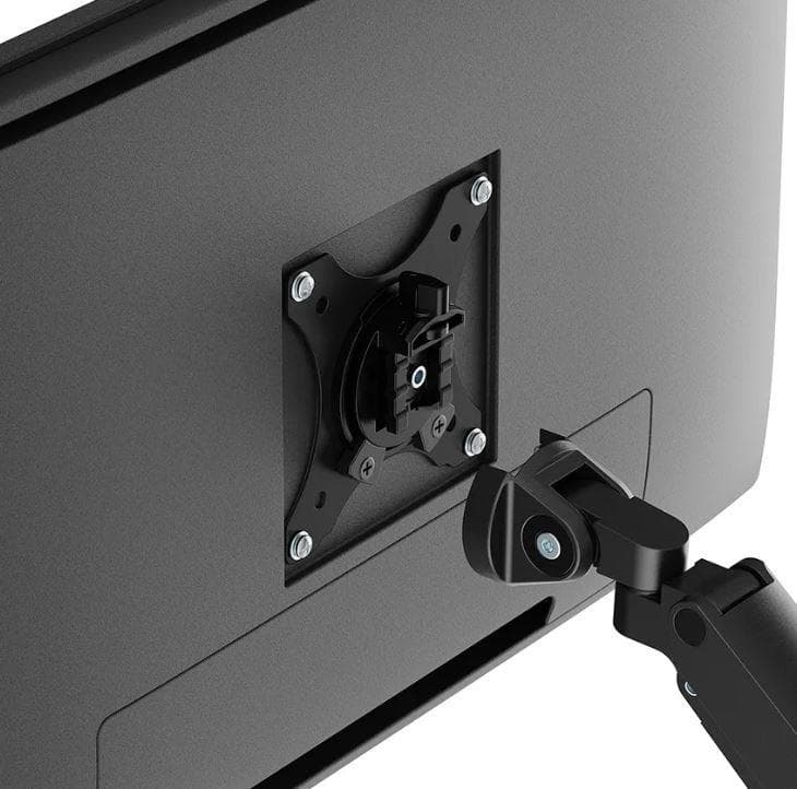 Brat dublu pentru monitor Neomounts, tip full motion, pentru display-uri cu diagonale 17"-32", sistem de prindere VESA 75x75~100x100mm, greutate maxima suportata 9 kg per ecran, tilt +45°, -45°, swivel +90°, -90°, rotate +180°, -180°, reglabil pe inaltime 21,5-49,5 cm, ajustarea latimii 11.4 cm