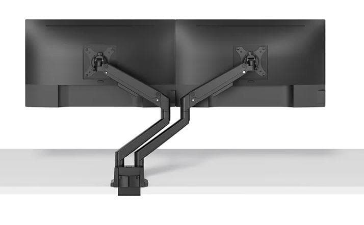 Brat dublu pentru monitor Neomounts, tip full motion, pentru display-uri cu diagonale 17"-32", sistem de prindere VESA 75x75~100x100mm, greutate maxima suportata 9 kg per ecran, tilt +45°, -45°, swivel +90°, -90°, rotate +180°, -180°, reglabil pe inaltime 21,5-49,5 cm, ajustarea latimii 11.4 cm
